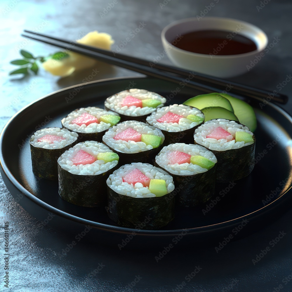 Sushi rolls on dark plate Sushi rolls on dark plate