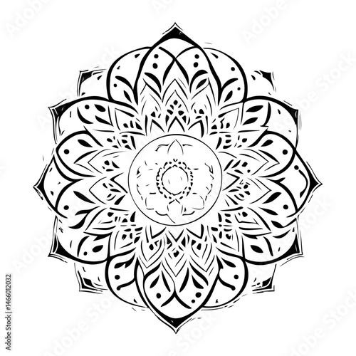 Stylized symmetrical floral design illustration with monochrome intricate details