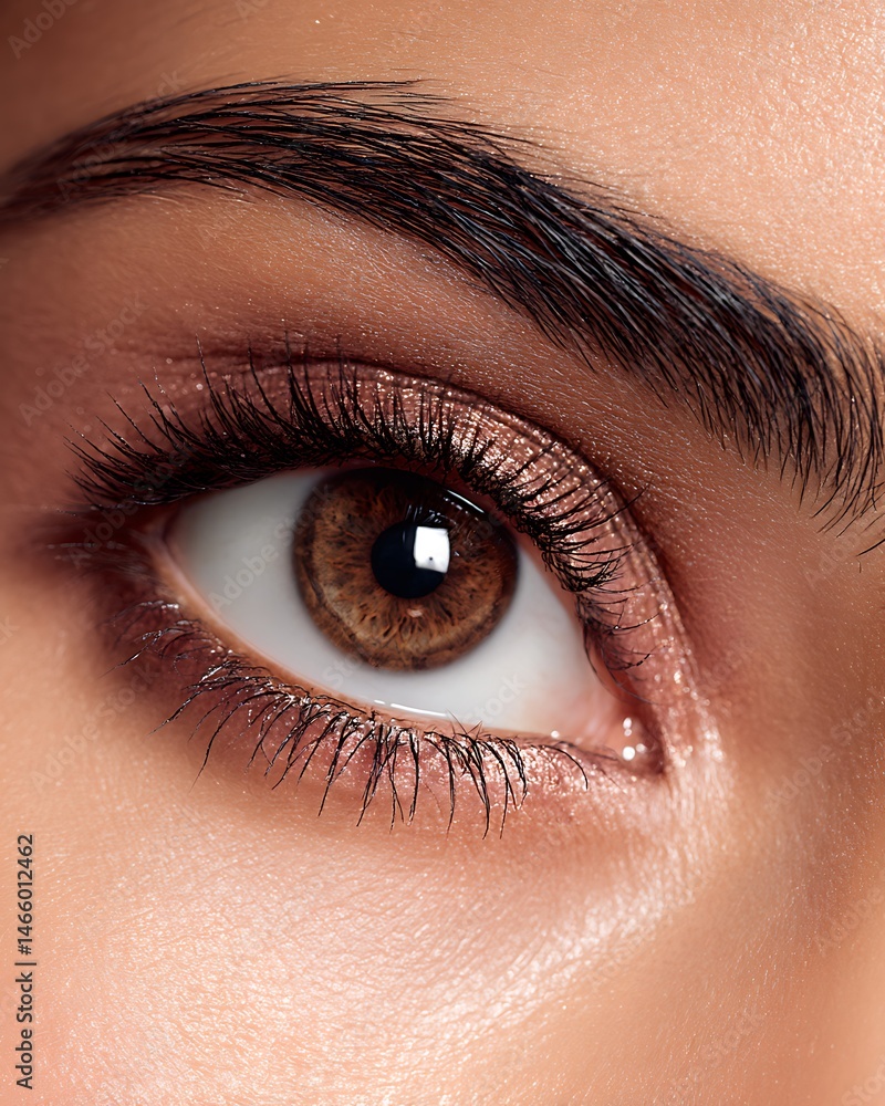 Obraz premium Close-up of Latin woman's eyes with Glamorous fashion makeup, white background, clinic lighting.