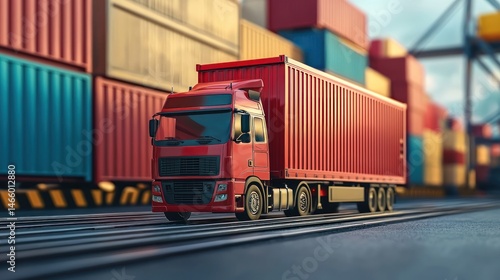 A red and white truck driving on a road with a cargo container in the background.