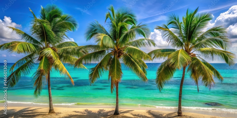 Fototapeta premium Palm trees gently swaying in the warm breeze with turquoise water lapping at their bases