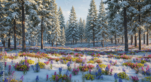 Winter wonderland forest landscape scene with colorful flowers and snow covered pine trees view image