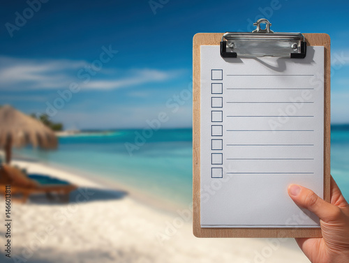 Person holding checklist clipboard beach with clear blue sky and ocean background, preparing for vacation or outdoor activity