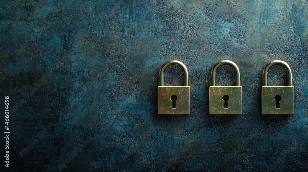 Fototapeta premium Three padlocks with keyholes on a dark, textured background