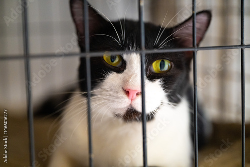 Black and white cat gazes through cage bars at local animal shelter during adoption event in afternoon sun