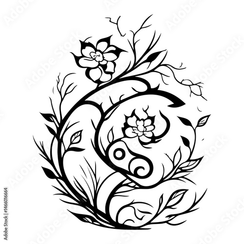 Elegant botanical illustration featuring blooming flowers and swirling tendrils
