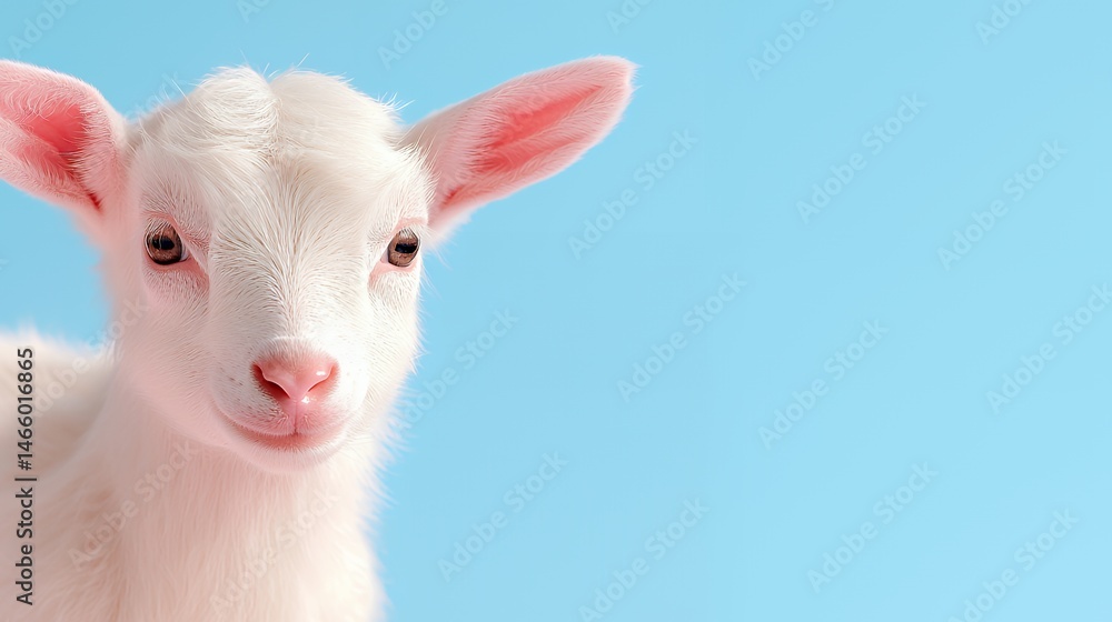 Obraz premium Cute White Goat Facing Forward on a Light Blue Background