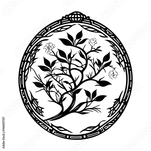 Botanical elegance: A stylized arboreal silhouette within a decorative circular border