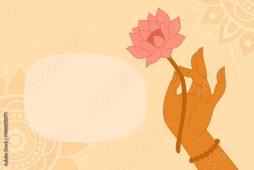 PrGraceful hand of Buddha with a lotus flower on a light orange background. Mudra, religious symbol, meditation. Copyspace for your text, frame, card for buddhist holiday.
