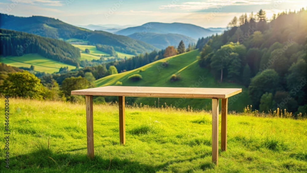 Fototapeta premium Minimalist wooden table with simple legs, surrounded by nature, on a green hillside