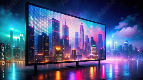 A digital display with a pixelated screen displaying a futuristic cityscape with towering skyscrapers and neon lights, blurred into a pixelated haze , futuristic, neon lights