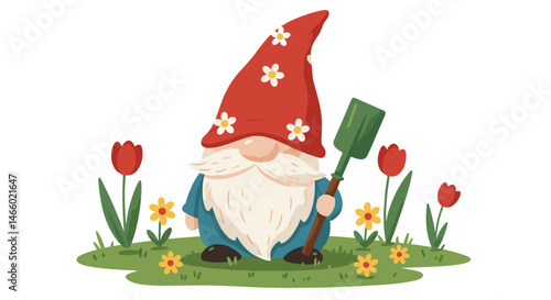 Gnome gardening with a spade among colorful flowers  