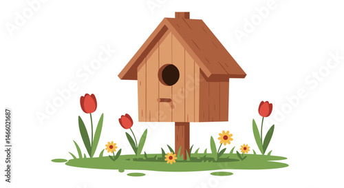 Wooden Birdhouse Surrounded by Colorful Flowers on Green Grass  