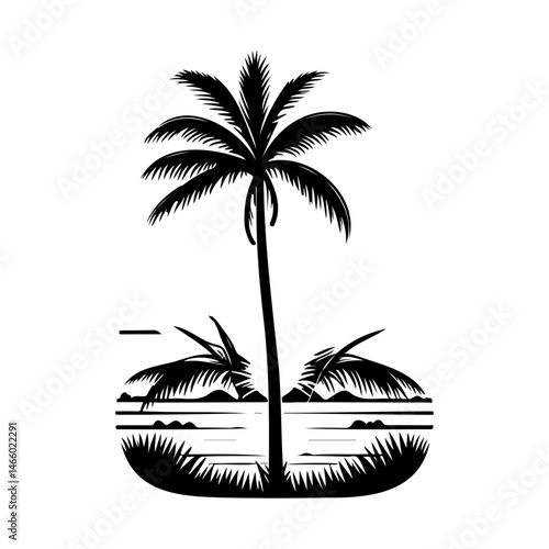 Monochromatic depiction of a tropical beach scene with a lone palm tree