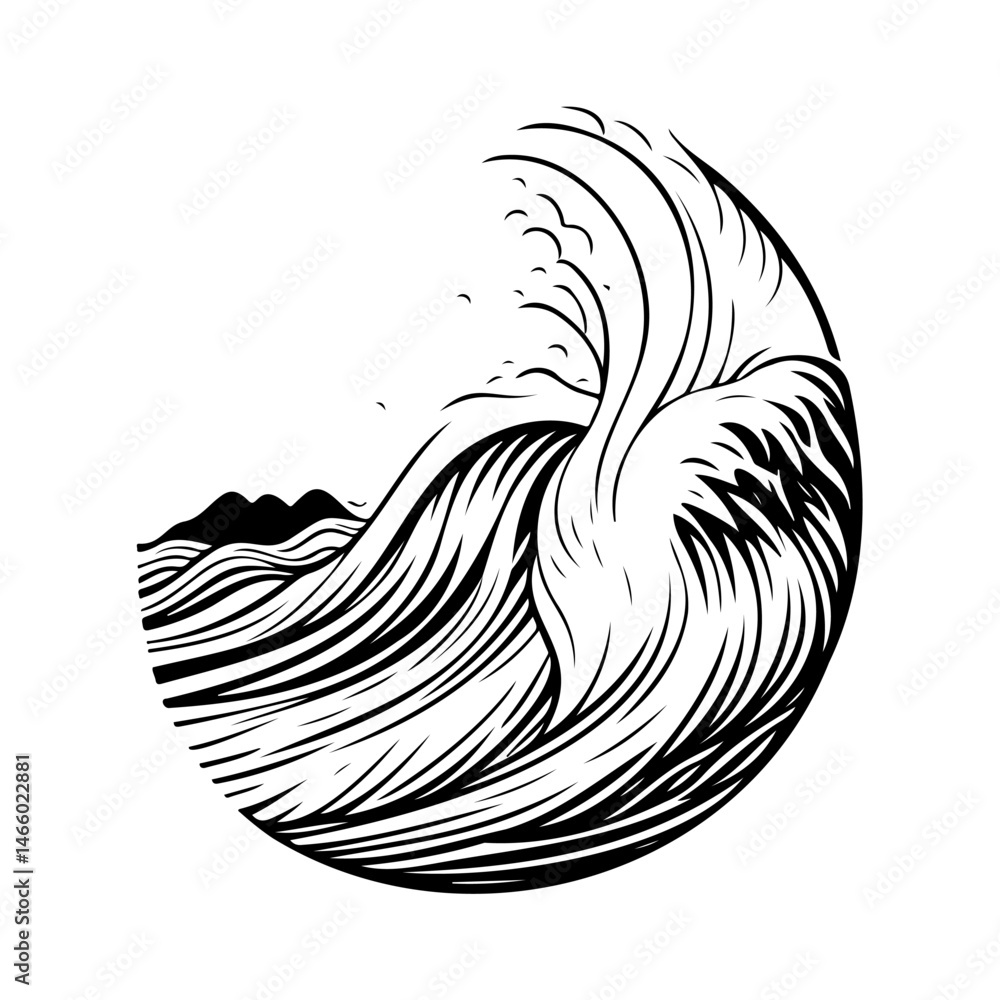 Naklejka premium Stylized monochrome illustration of a powerful wave inside a perfect circle