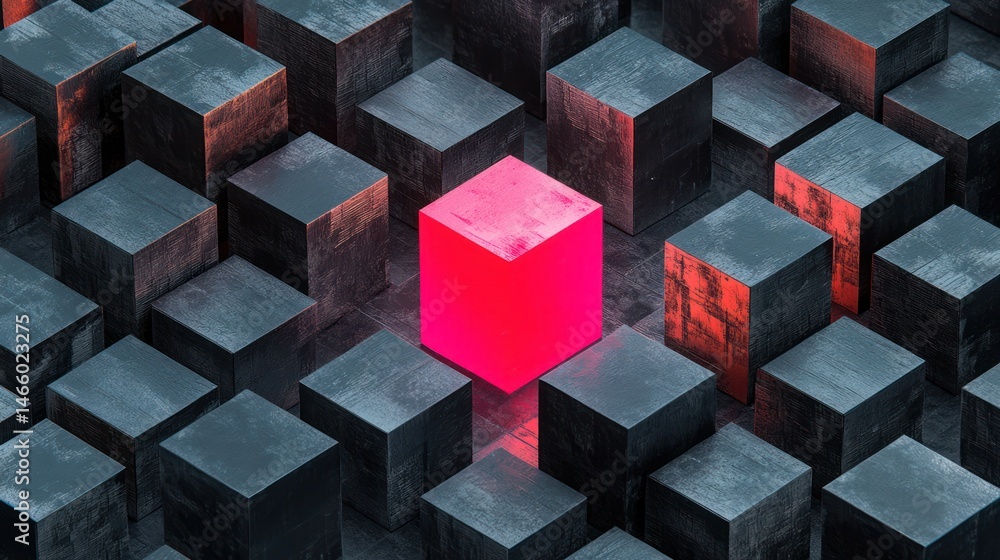 Fototapeta premium A vibrant, luminous pink cube stands out amidst a field of dark gray cubes. The textured surfaces and subtle lighting create depth and dimension