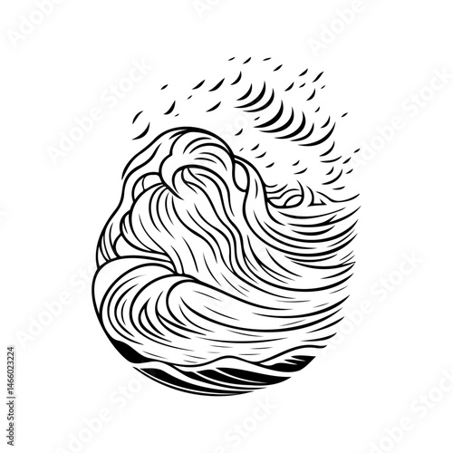 Monochromatic depiction of a curling wave with stylized sea spray and artistic flair