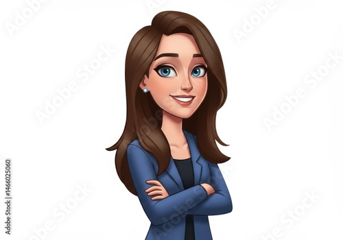 Cartoon woman with brown hair and blue blazer arms crossed smiling isolated on white background