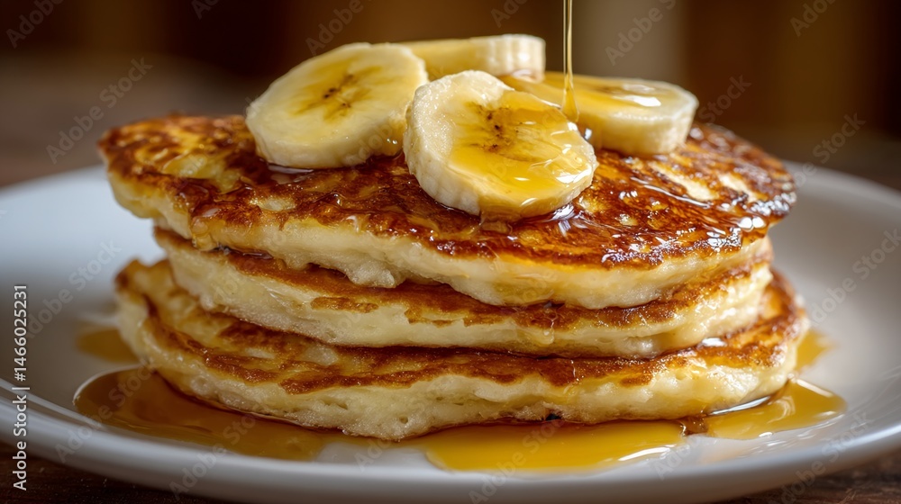 Stack of golden pancakes drizzled with syrup and topped with banana slices, showcasing a delicious breakfast food presentation Stack of golden pancakes drizzled with syrup and topped with banana slices, showcasing a delicious breakfast food presentation