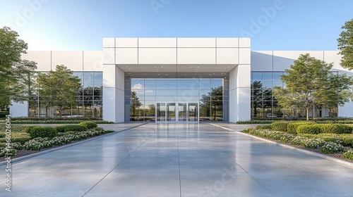 Contemporary office building facade gleaming under serene sky wi
