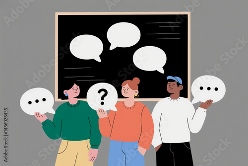Diverse people holding speech bubbles representing questions discussions and communication themes in a classroom setting