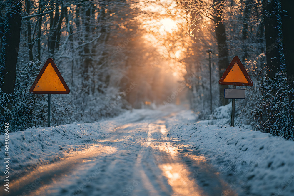 Traffic signs coated in fresh snow along deserted winter road, surrounded by frosty trees with warm sunlight breaking through, captured to reflect the peaceful beauty of cold rural landscape.