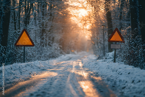 Obraz na płótnie Traffic signs coated in fresh snow along deserted winter road, surrounded by frosty trees with warm sunlight breaking through, captured to reflect the peaceful beauty of cold rural landscape. w salonie