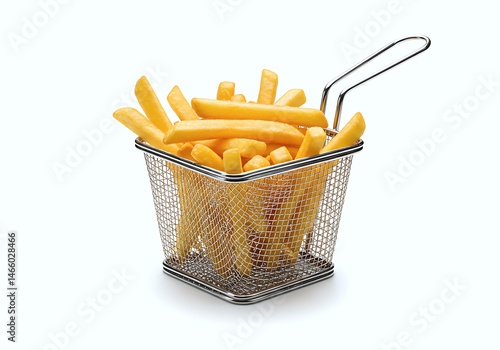 A metal basket filled with golden, crispy French fries against a plain background, showcasing their appetizing texture and perfect golden color.