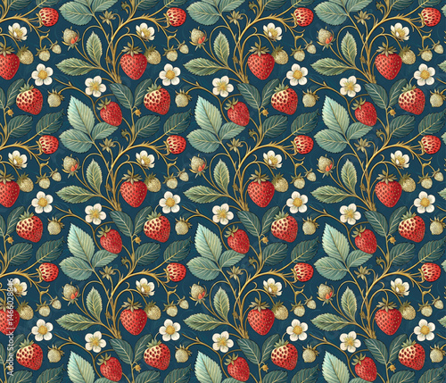 A seamless vector strawberry floral pattern with red flowers and leaves, a natural wallpaper design