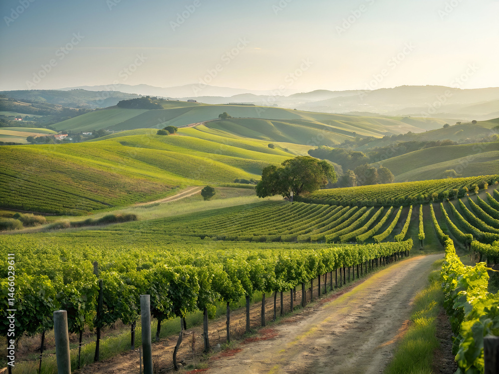 Naklejka premium Walking the Vineyard Row in Rolling Hills Under Sunny Sky