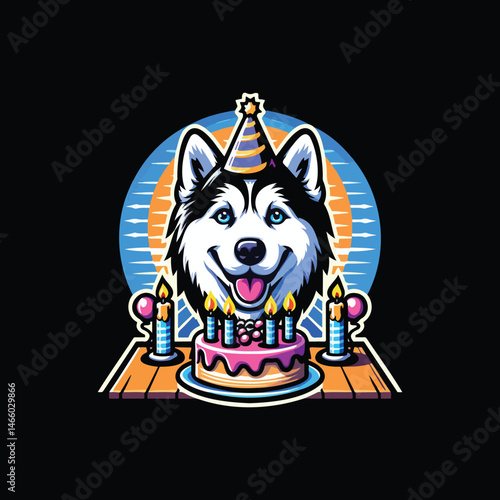 Husky Dog Birthday Celebration with Cake and Candles