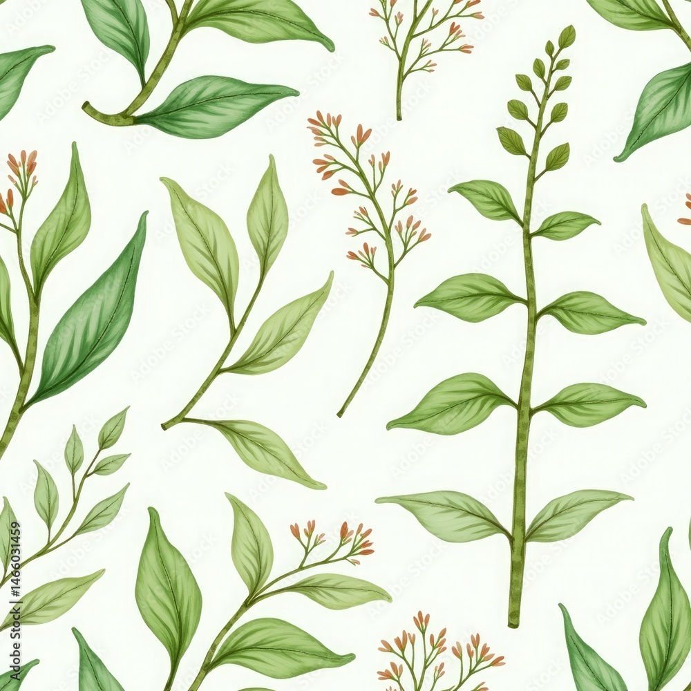 Fototapeta premium Seamless Botanical Pattern with Green Leaves and Hand-Drawn Floral Branches