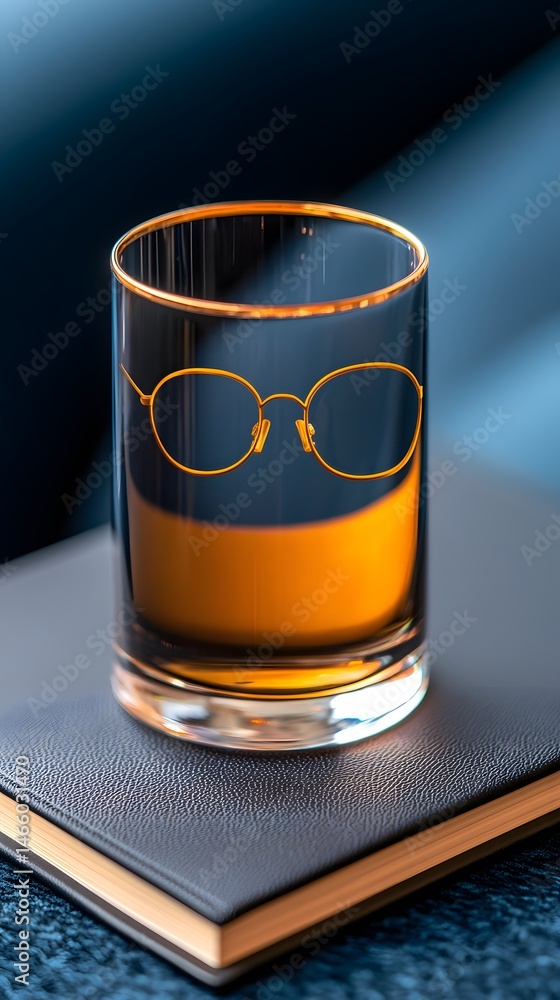 Amber Whiskey in a Gold-Rimmed Glass on a Dark Notebook Amber Whiskey in a Gold-Rimmed Glass on a Dark Notebook