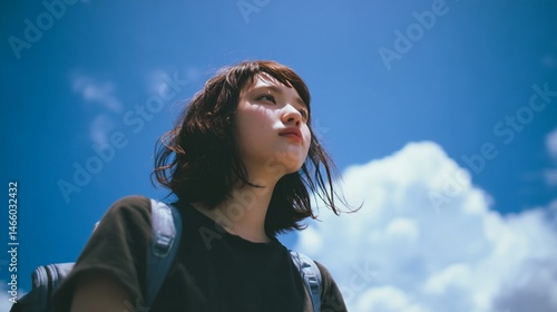 Low-angle shot of young woman with brown hair against a bright blue sky, conveying feelings of freedom and optimism