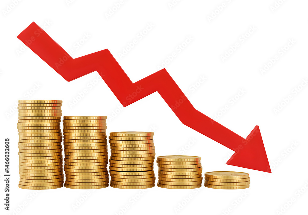 A red downward arrow overlays a series of stacked coins that decrease in size, isolated on white or transparent background. PNG, representing financial loss, economic downturn or shrinking investments A red downward arrow overlays a series of stacked coins that decrease in size, isolated on white or transparent background. PNG, representing financial loss, economic downturn or shrinking investments