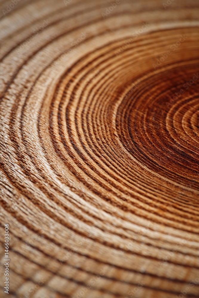 Fototapeta premium Close-up of concentric brown wood rings texture, showing growth rings, creating a natural and organic appearance, symbolizing time, growth and nature