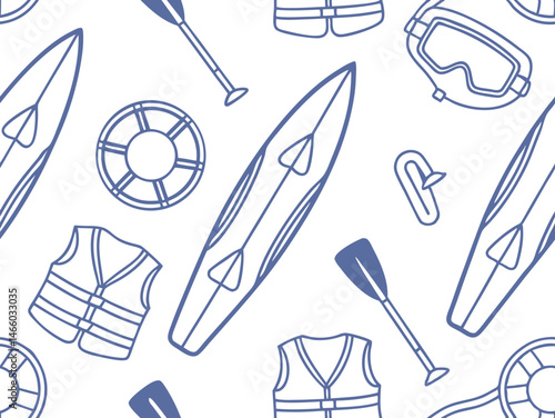 Water sports seamless pattern with kayaks, paddles, life jackets, lifebuoys, and snorkeling gear in blue line art style, ideal for marine adventure backgrounds and summer designs.