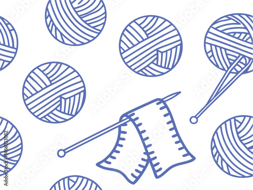 Seamless knitting pattern with yarn balls and needles in blue line art style, ideal for textile prints, DIY crafts, cozy fashion design, and handmade creative winter-themed projects.