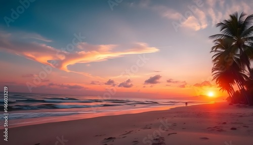 Fototapeta Naklejka Na Ścianę i Meble -  Summer beach sunset tropical shore scenic photography calm waters wide angle nature's beauty