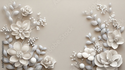 Beige background with decorative flowers and leaves