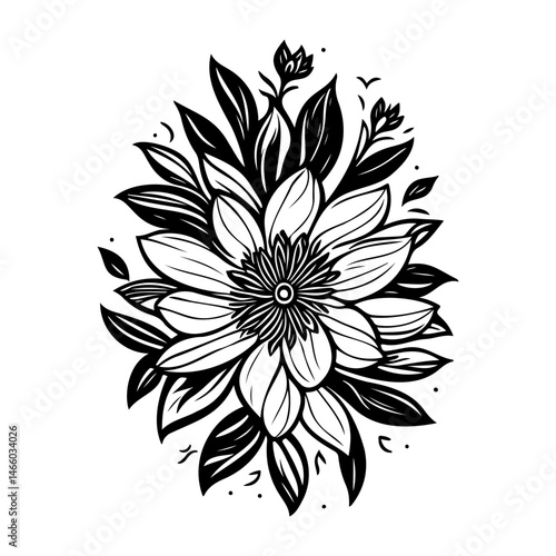 Monochromatic floral art with intricate petal and leaf arrangements design