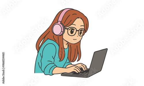 cute woman at his desk is working on the laptop computer cartoon illustration