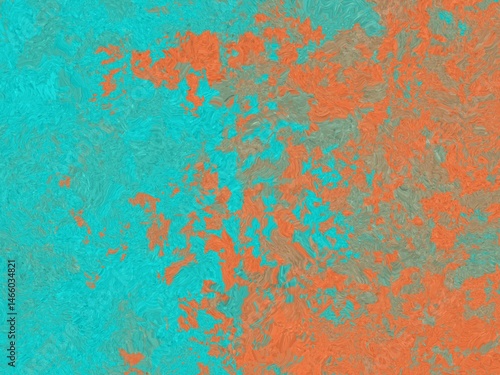 An abstract background with a mottled texture.  Two main colors, teal and burnt orange, blend and overlap, creating a dynamic, somewhat chaotic effect.