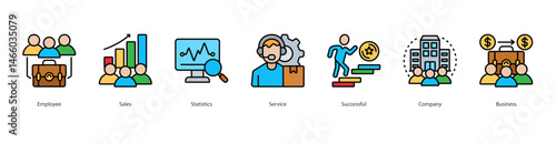 Business performance management web banner icon sheet employee, sales, statistics, service, successful, company, business