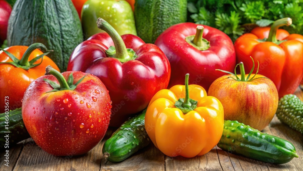 Fresh Produce Photography: Vibrant Vegetables & Fruits - Apple, Orange, Bell Pepper, Cucumber, Tomato Fresh Produce Photography: Vibrant Vegetables & Fruits - Apple, Orange, Bell Pepper, Cucumber, Tomato