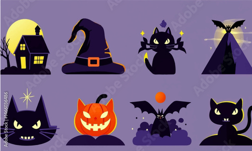 A Halloween-themed vector icon set features spooky icons like pumpkins, ghosts, bats, and witches, perfect for festive designs.
