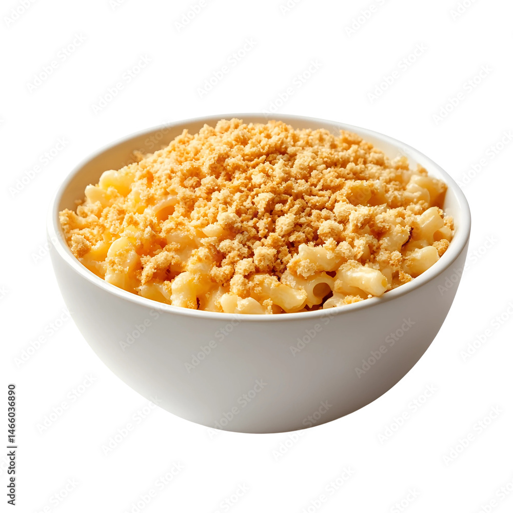 Macaroni and cheese with golden breadcrumb topping in bowl isolated on transparent background Macaroni and cheese with golden breadcrumb topping in bowl isolated on transparent background