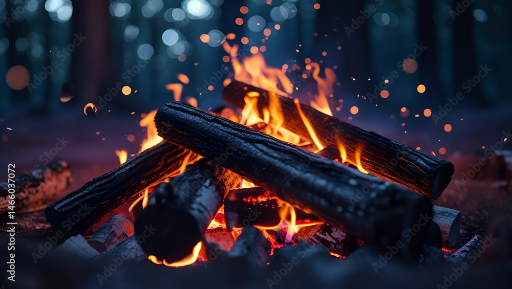 Fototapeta premium Soothing Campfire at Night – Glowing Embers & Tranquil Forest Vibes