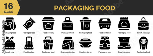 Packaging Food solid icon set. Includes box, grocery, plastic, paper, supermarket, store, and More. Solid icons vector collection.