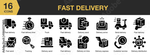 Fast Delivery solid icon set. Includes order, business, transport, transportation, logistic, and More. Solid icons vector collection.